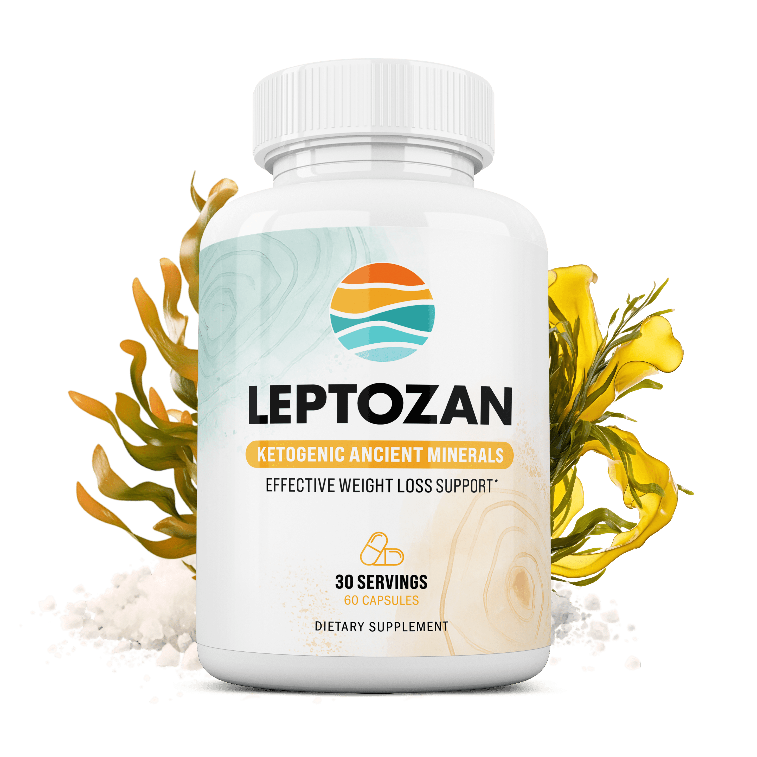Leptozan dietary supplement bottle with mineral and botanical imagery